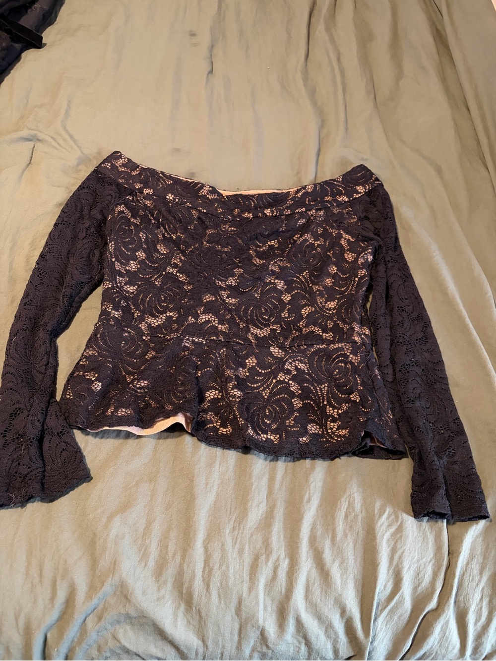 BCBG Navy Lace Off-Shoulder Peplum Top